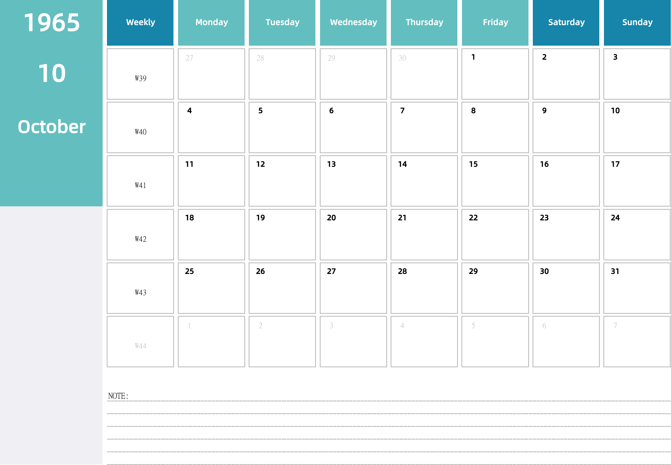 日历表1965年日历 英文版 横向排版 周一开始 带周数